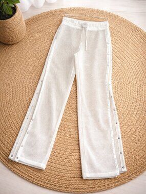 Kikiriki White Mesh Pants Snap Button Side Sheer Wide Leg Size S